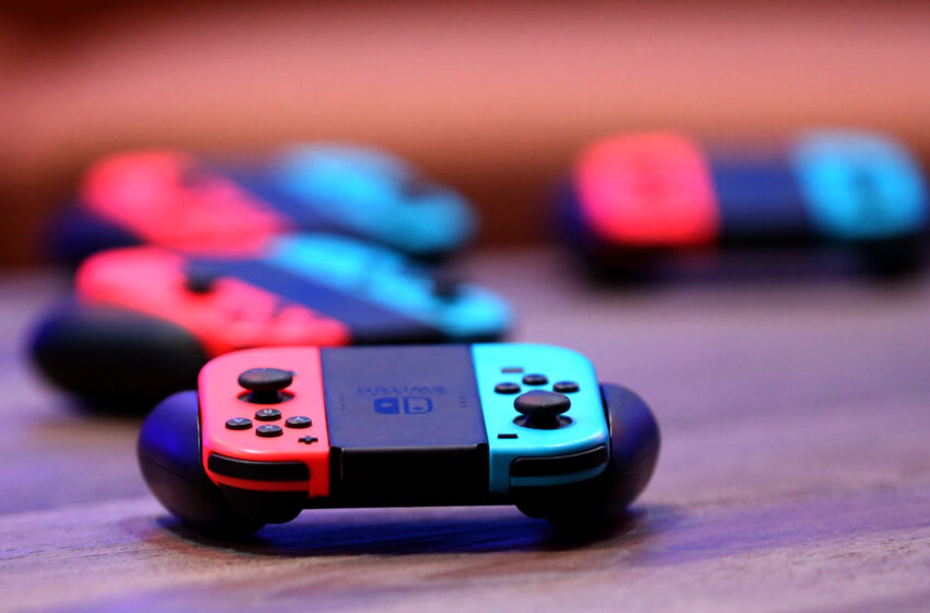 LAS VEGAS, NEVADA - MARCH 24: Nintendo Joy-Con wireless controllers for the Nintendo Switch are displayed during the debut of Allied Esports' 