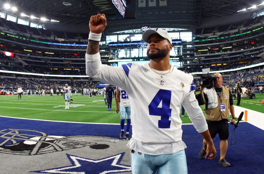 ARLINGTON, TEXAS - AUGUST 12: Dak Prescott #4 of the Dallas Cowboys walks off the field after a loss to the Jacksonville Jaguars in a preseason game at AT&T Stadium on August 12, 2023 in Arlington, Texas. (Photo by Richard Rodriguez/Getty Images)